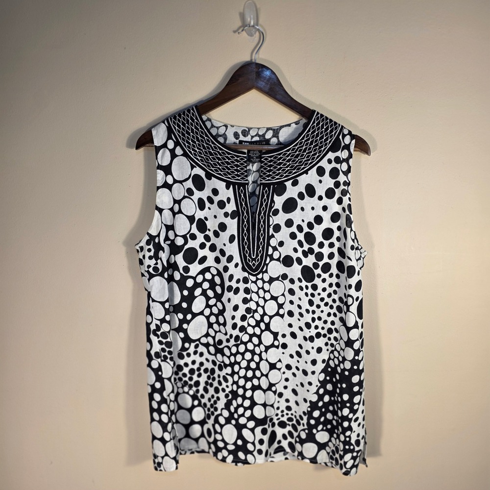 Carole Little Sleeveless Top Womens XL Black White Linen Blend Polka Embroidered